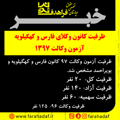 ظرفیت کانون وکلای فارس و کهگیلویه آزمون وکالت 1397